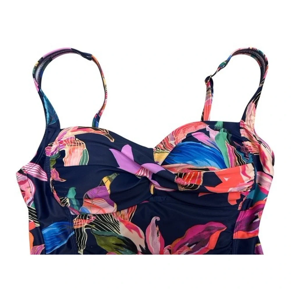 Liz Claiborne Tankini Swim Top sz 10 Navy Blue Floral Paradise Beach Molded Cups - Picture 2 of 4